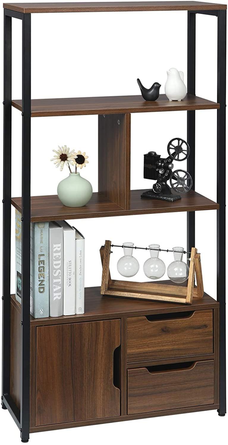 WOLTU Boekenkast met 5 etages, hoekplank, smalle boekenkast met 1 lade, moderne stijl, stalen frame, voor woonkamer, kantoor, werkkamer, slaapkamer, licht eiken wit