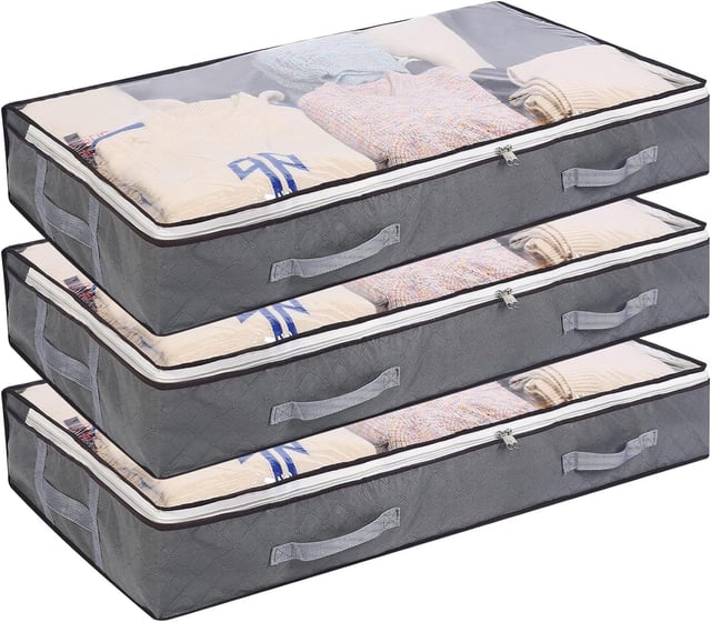 Lot de 3 Sac de Rangement Vetement, Non-Tisse, Pour Édredons Couvertures Oreillers Vestes Vêtements, Gris, 100 x 50 x 15 cm, 75L