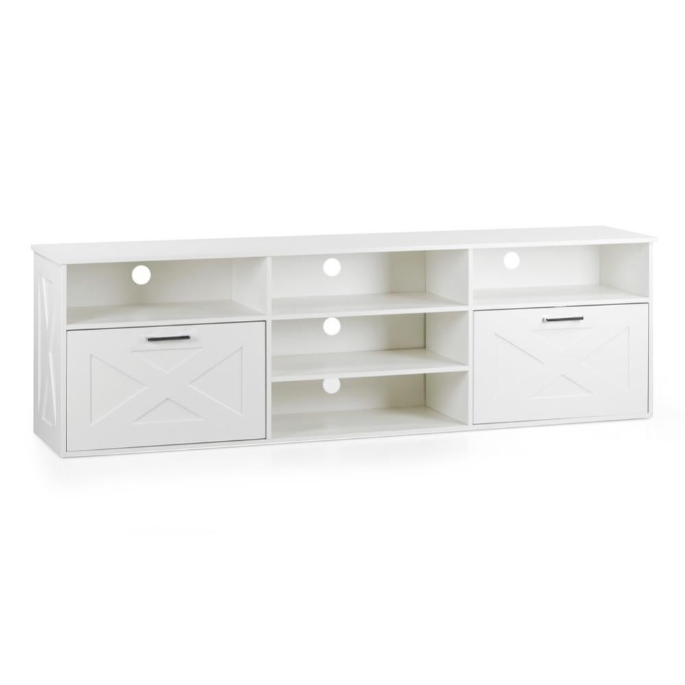 Meuble TV En Pin Massif 103x36.5x52 Cm - 2 Portes + 4 Niches Ouvertes - Style Rustique Moderne - Support Mural Inclus - 5