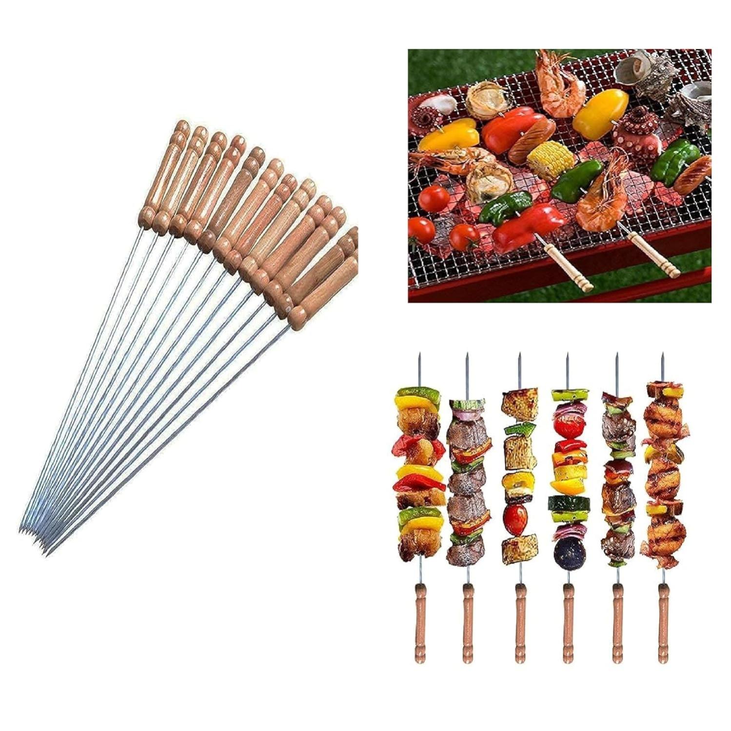 8 Spiedi Barbecue In Acciaio Inox Con Manico Legno - Lunghi 74cm Per Carne, Pesce E Verdure - Foto 3