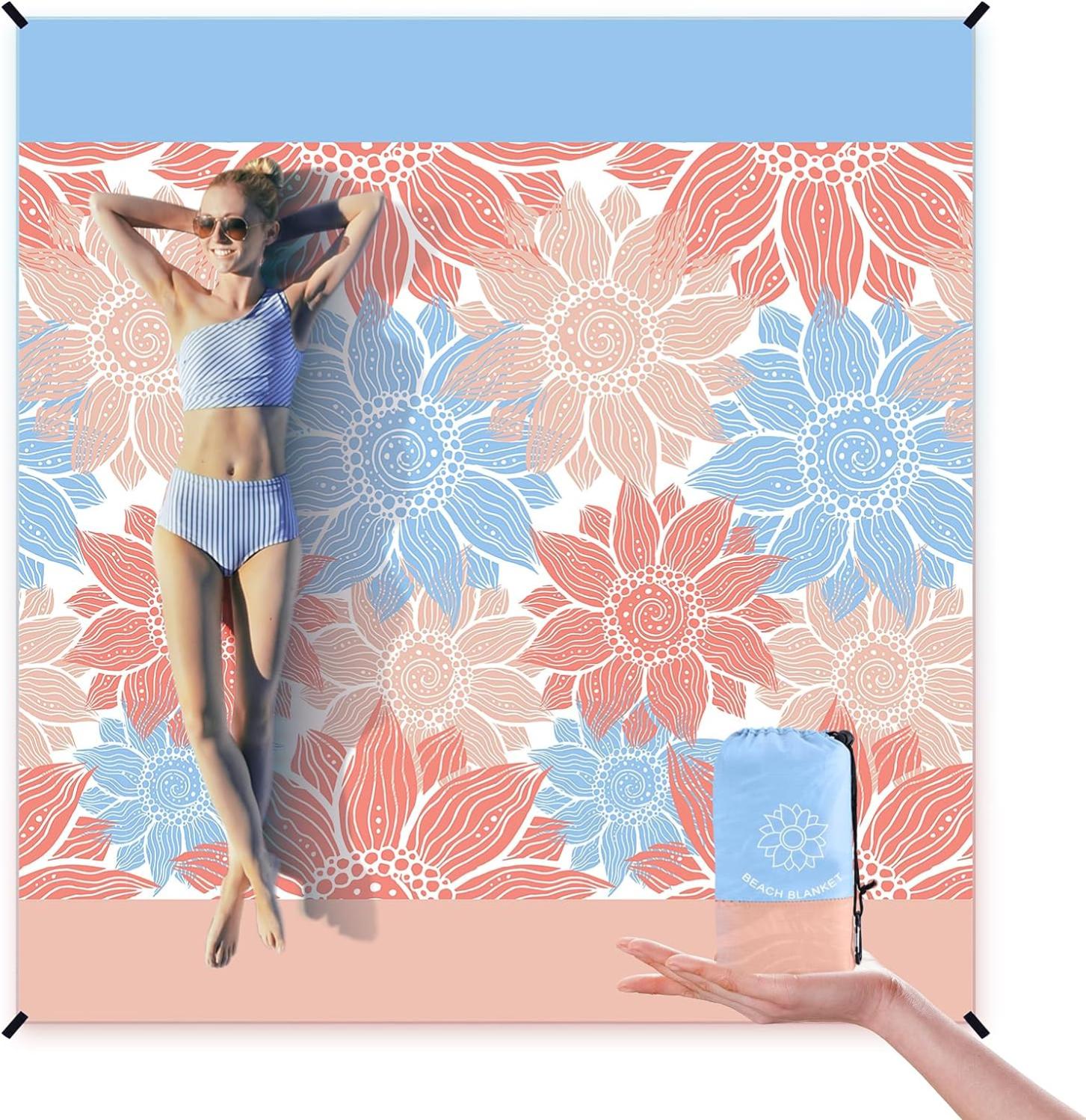 DHWEKU Coperta da Spiaggia 210 x 200 cm Impermeabile, Tappetino da Spiaggia Stuoia Spiaggia Antisabbia, Grande Telo Spiaggia per 5-8 Persone Campeggio, Escursionismo, Picnic (Blu