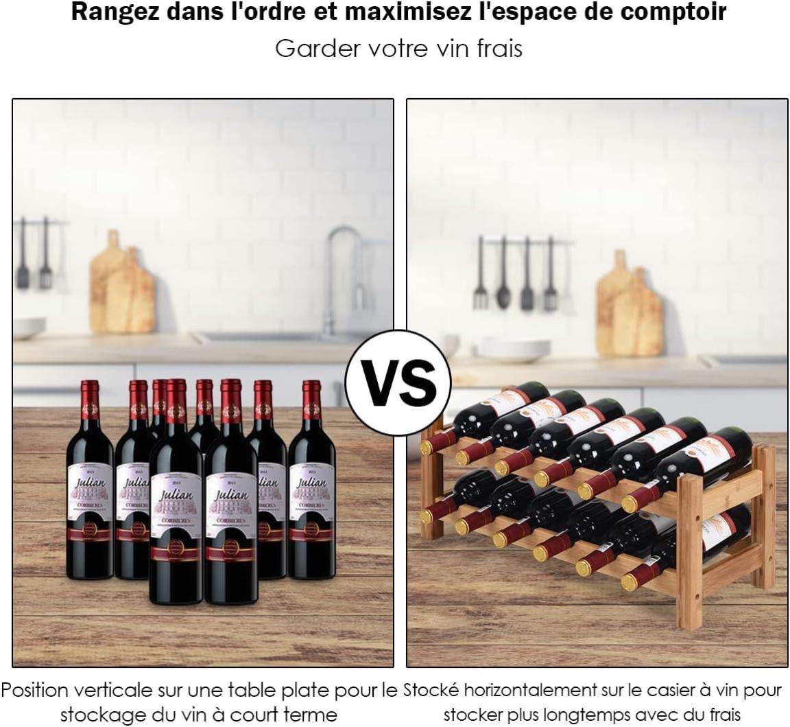 YunNasi Range Bouteille Vin, Porte Bouteilles en Bambou, Casier à Vin de Naturel pour Comptoir, Étagère de Présentation de Vin pour La Cuisine, Bar, Cave (3 Tiers-12 Bouteilles