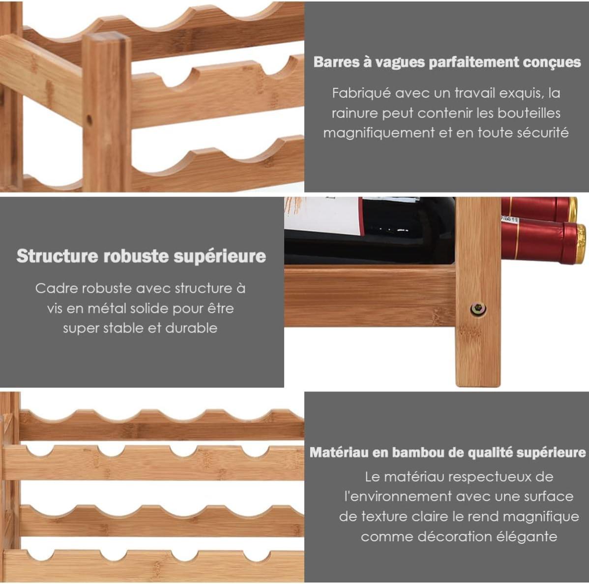 Étagère à Vin Bambou 12 Bouteilles – Support 3 Niveaux Design Vague, Comptoir Cuisine Et Bar Solide Et Élégant