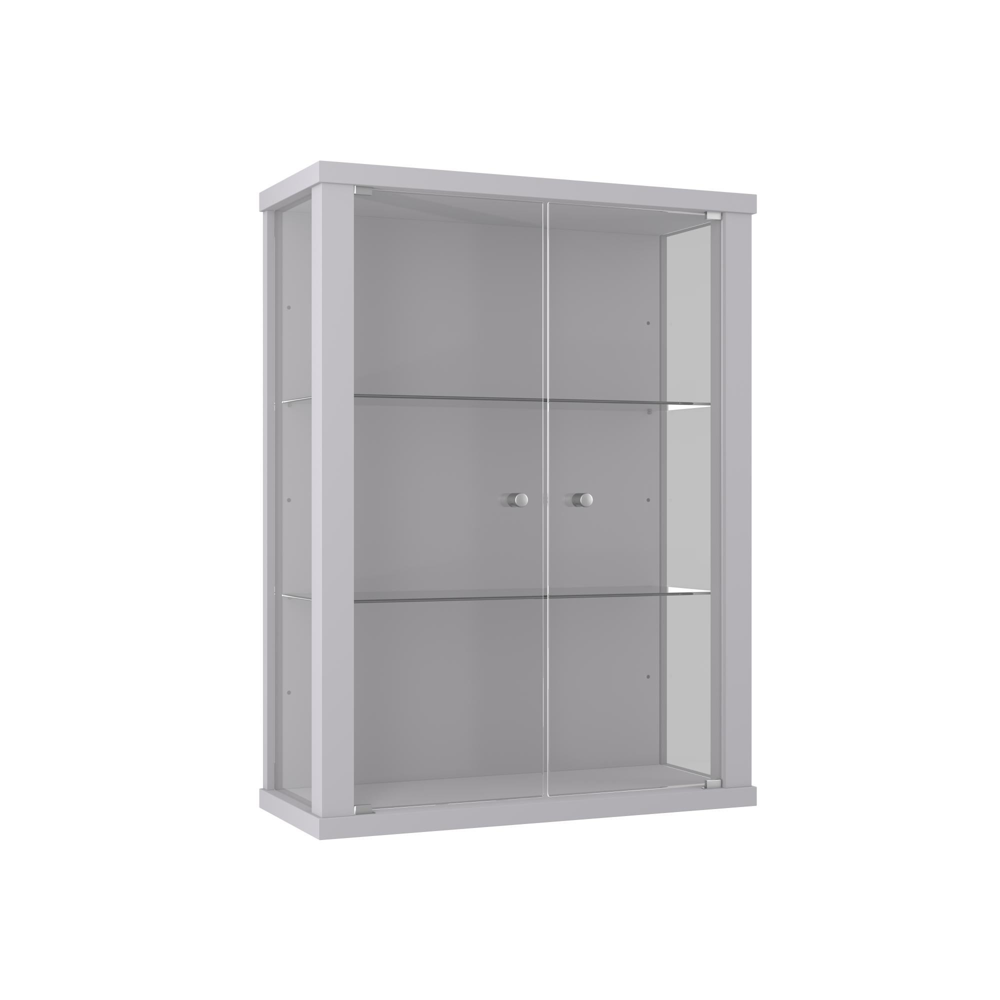 Vitrine Murale Avec 2 Portes, 2 étagères En Verre Réglables En Hauteur Miroir Avec Eclairage Led 80x60x25 Cm Couleur Argentee