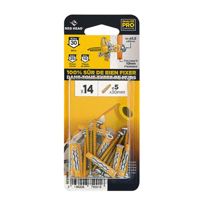 Lot de 14 chevilles multi-matériaux avec vis acier RED HEAD  L.Inférieur à 50 mm