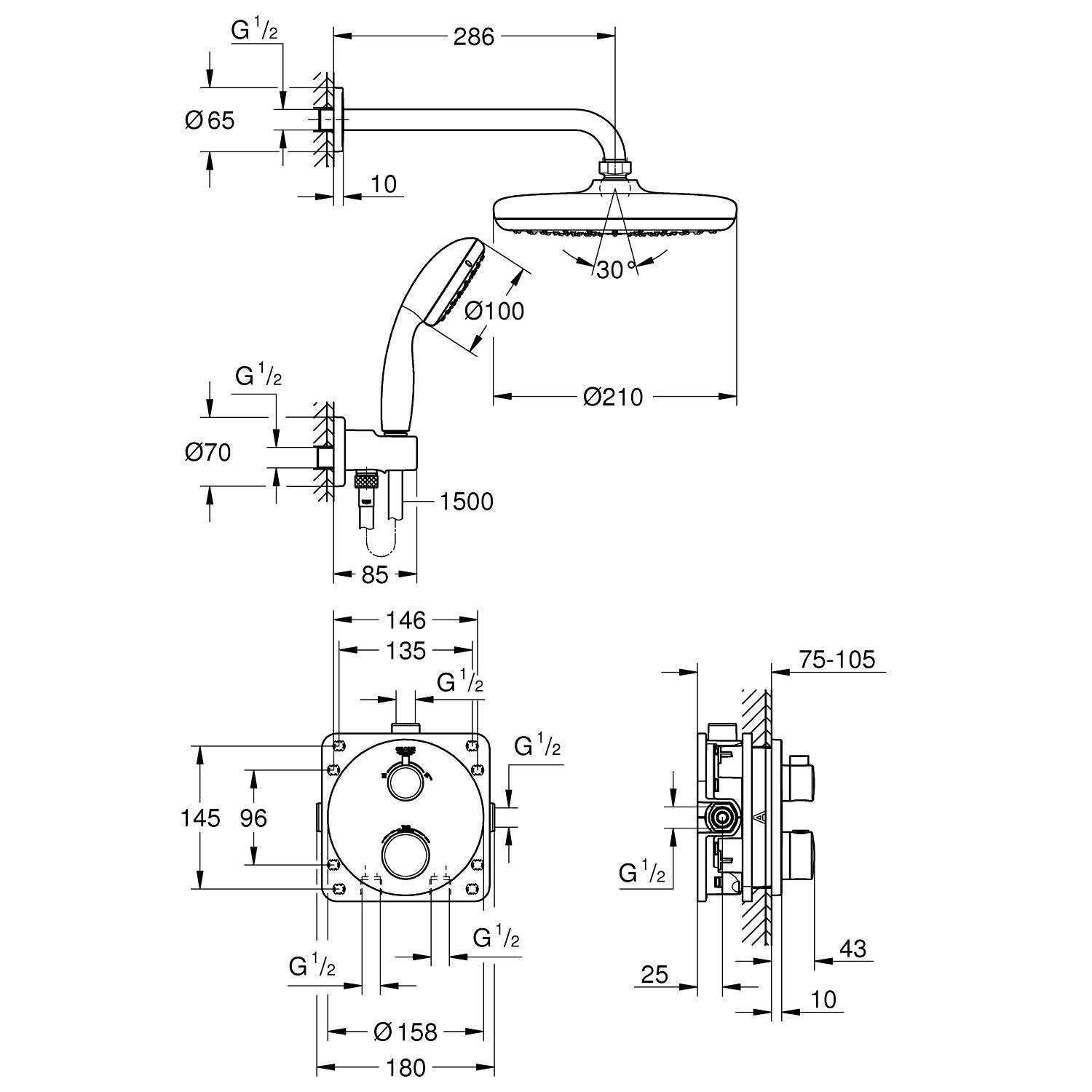 Colonne de douche encastrée thermostatique chrome, GROHE, Clova 210 - 3