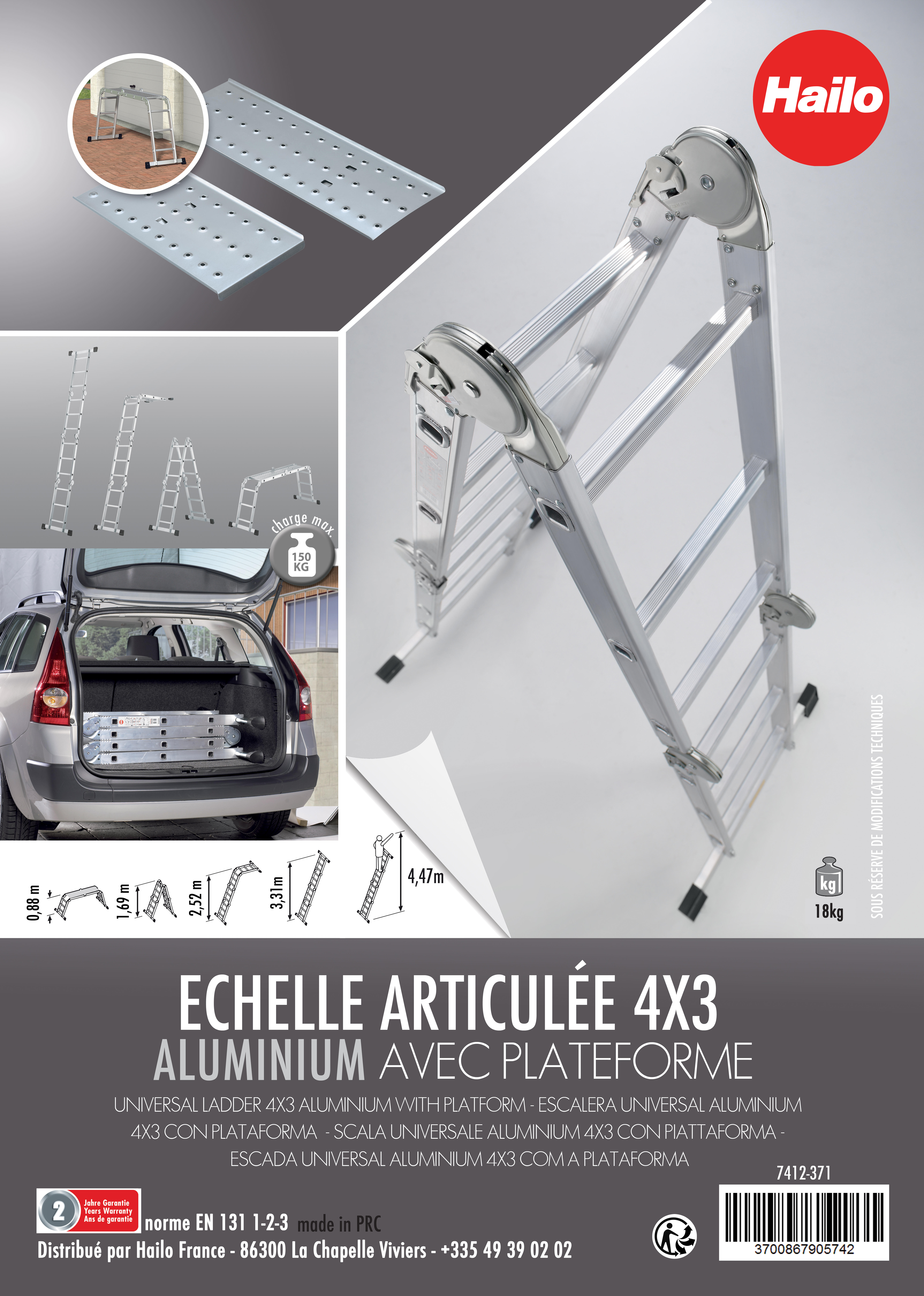 Echelle multiposition aluminium HAILO 12 marches - 12
