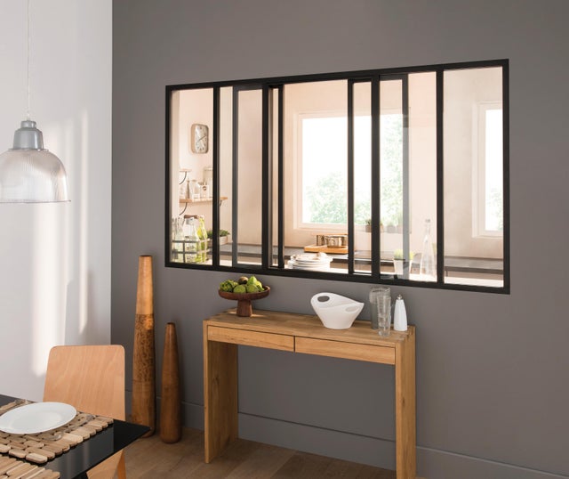 Verrière coulissante en aluminium noir sablé 6 carreaux, H.108 x l.183.2 cm
