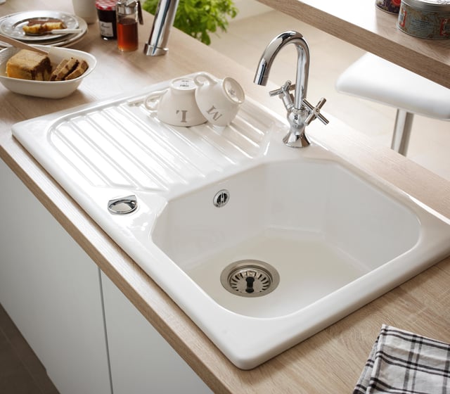 Evier céramique à encastrer 1 bac avec égouttoir, grès GARRIGUE Blanc