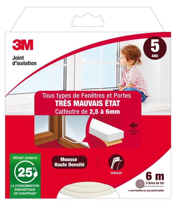 Joint d'étanchéité porte et fenêtre Très mauvais etat 3M 2,5 à 6mm, L.6M blanc
