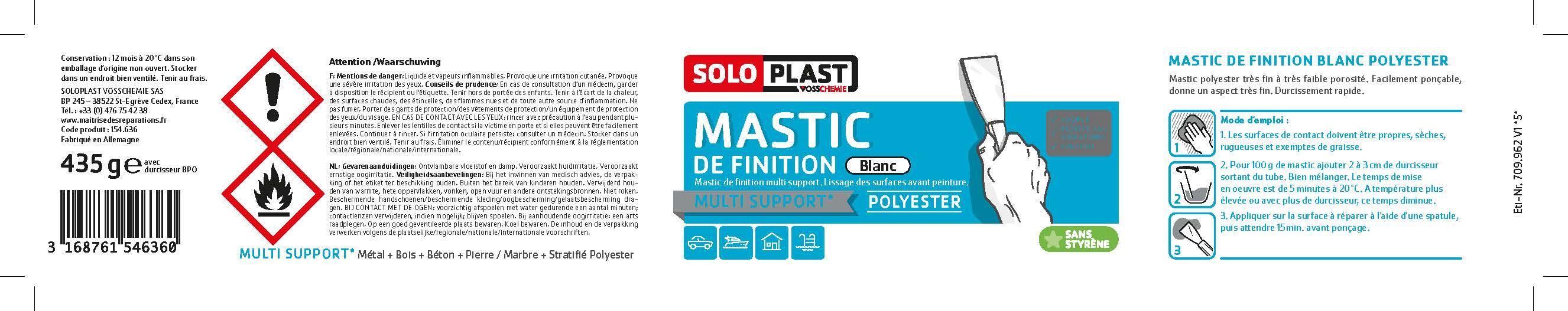 Enduit de lissage en pâte De finition polyester SOLOPLAST blanc 435 g - 5