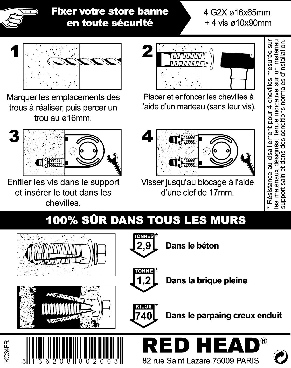 Kit chevilles à expansion store de terrasse RED HEAD, Diam.16 x L.65 mm - 2