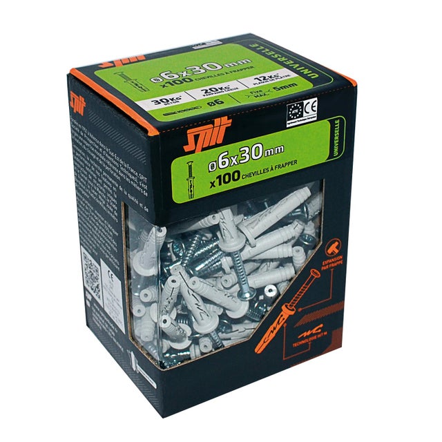 Boîte de 100 chevilles à frapper universelle, Ø6x30mm gris