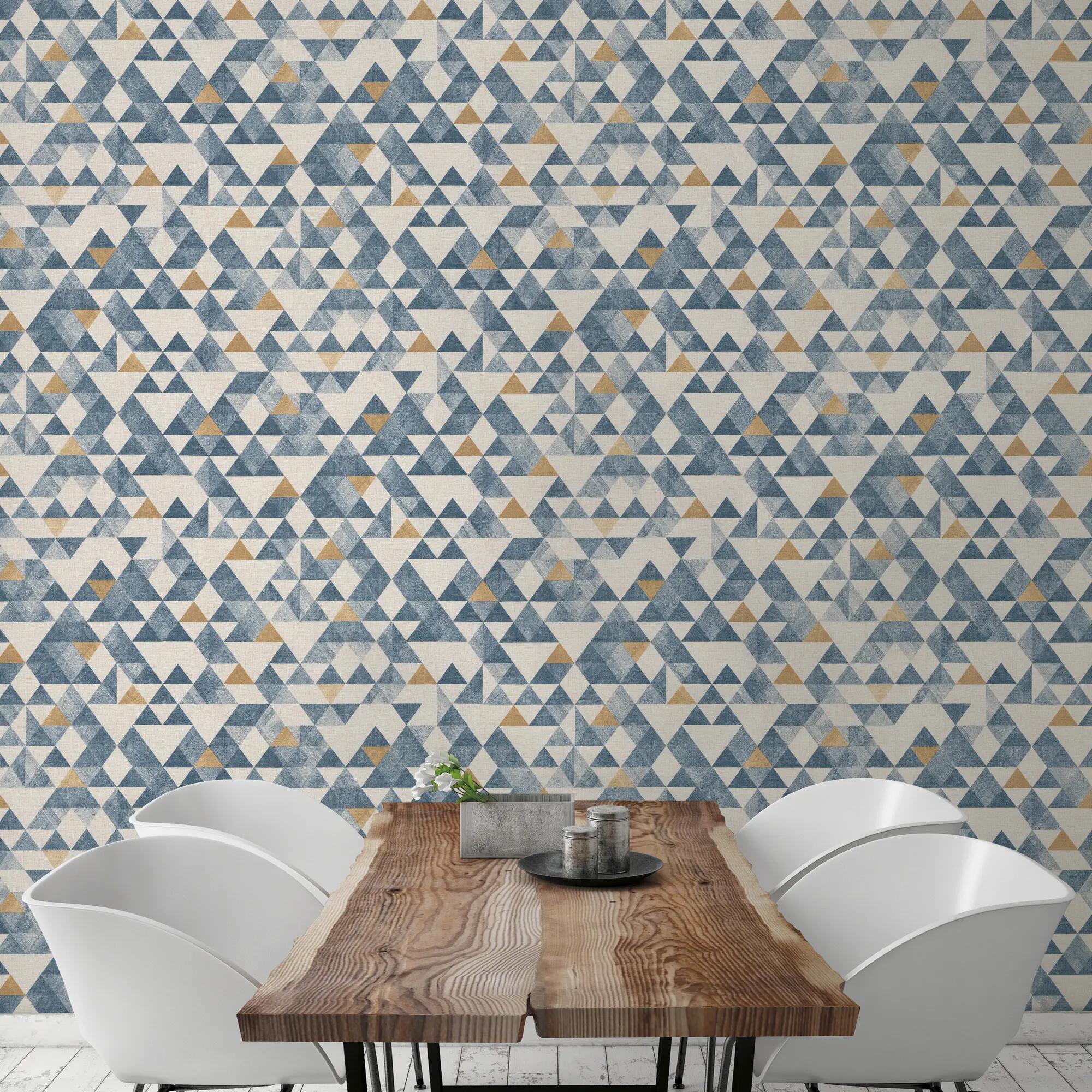 Papier peint vinyle Triangle tribal bleu et ocre - 2