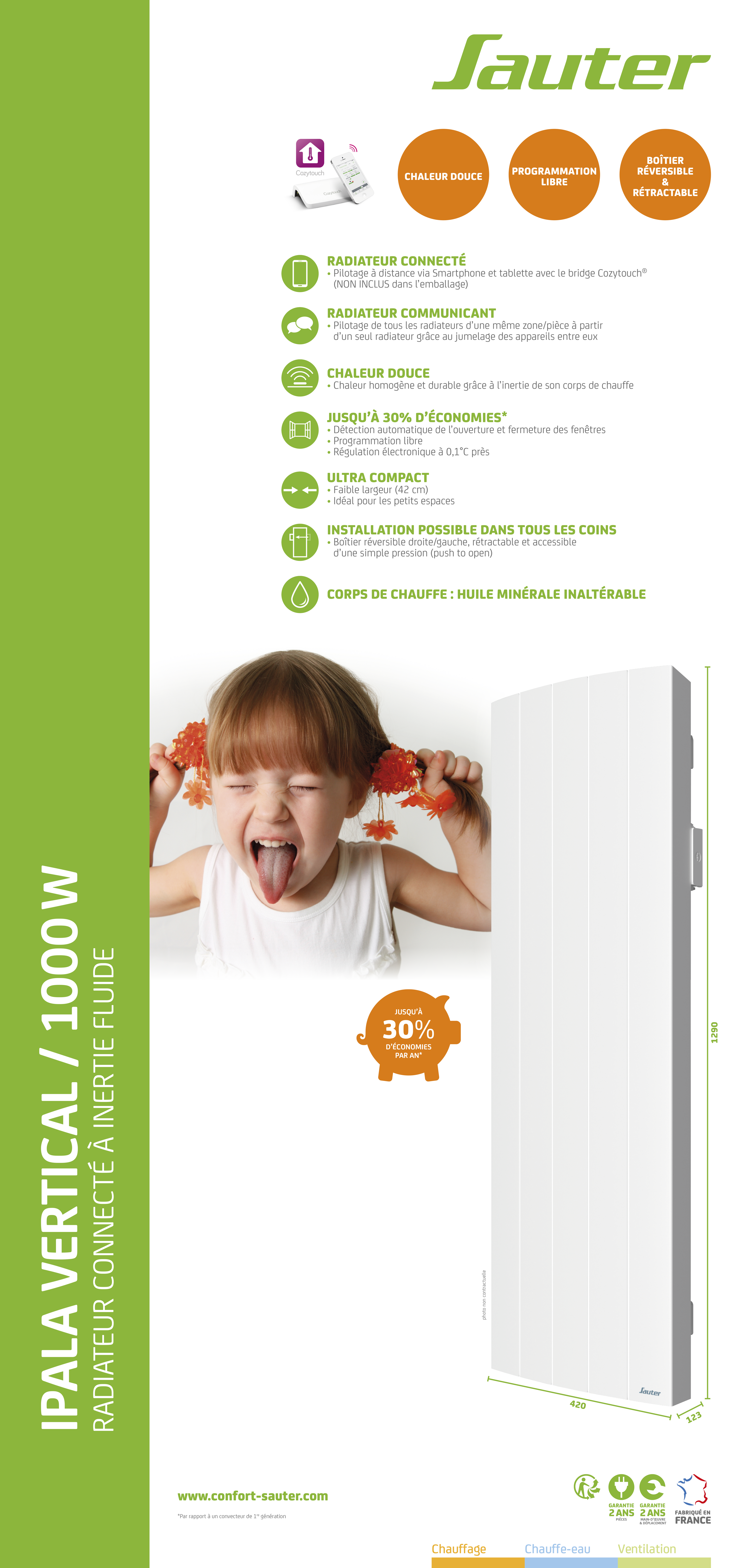 Radiateur électrique connecté à inertie fluide 1000W SAUTER Ipala vertical blanc - 9