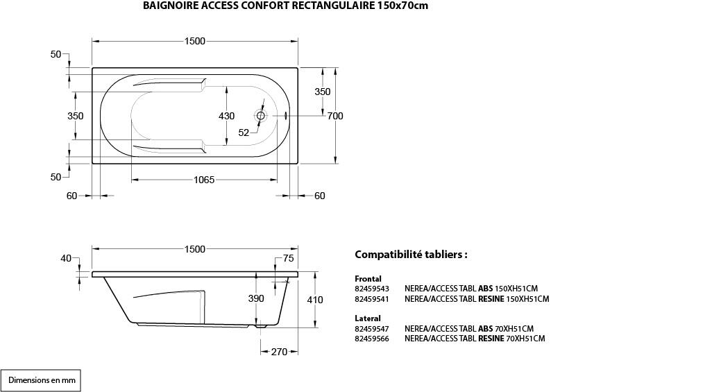 Baignoire rectangulaire L.150x l.70 cm blanc, SENSEA Access confort - 7