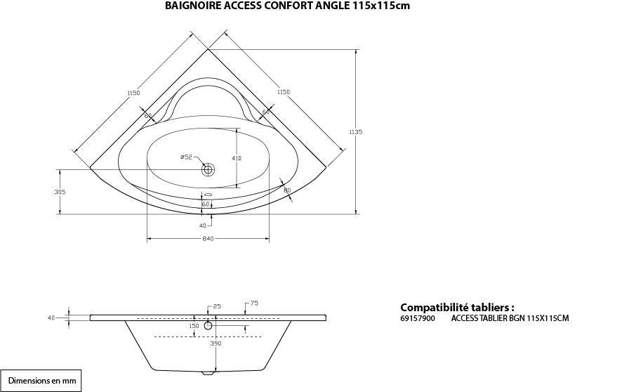 Baignoire d'angle L.115x l.115 cm blanc, SENSEA Access confort - 2