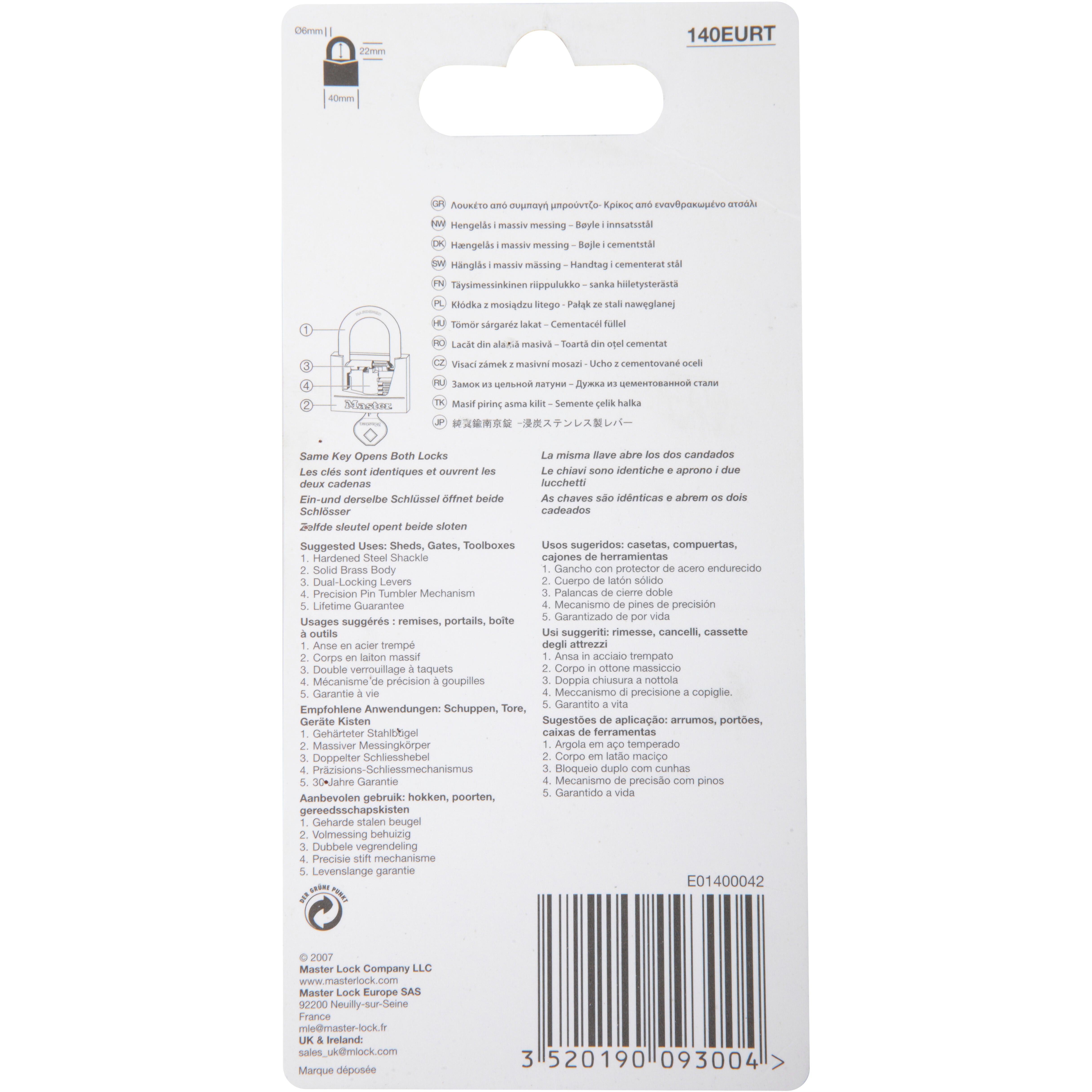 Lot de 2 cadenas avec clé MASTER LOCK laiton, l.40 mm - 5