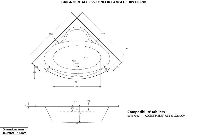 Baignoire d'angle L.130x l.130 cm blanc, SENSEA Access confort - 2