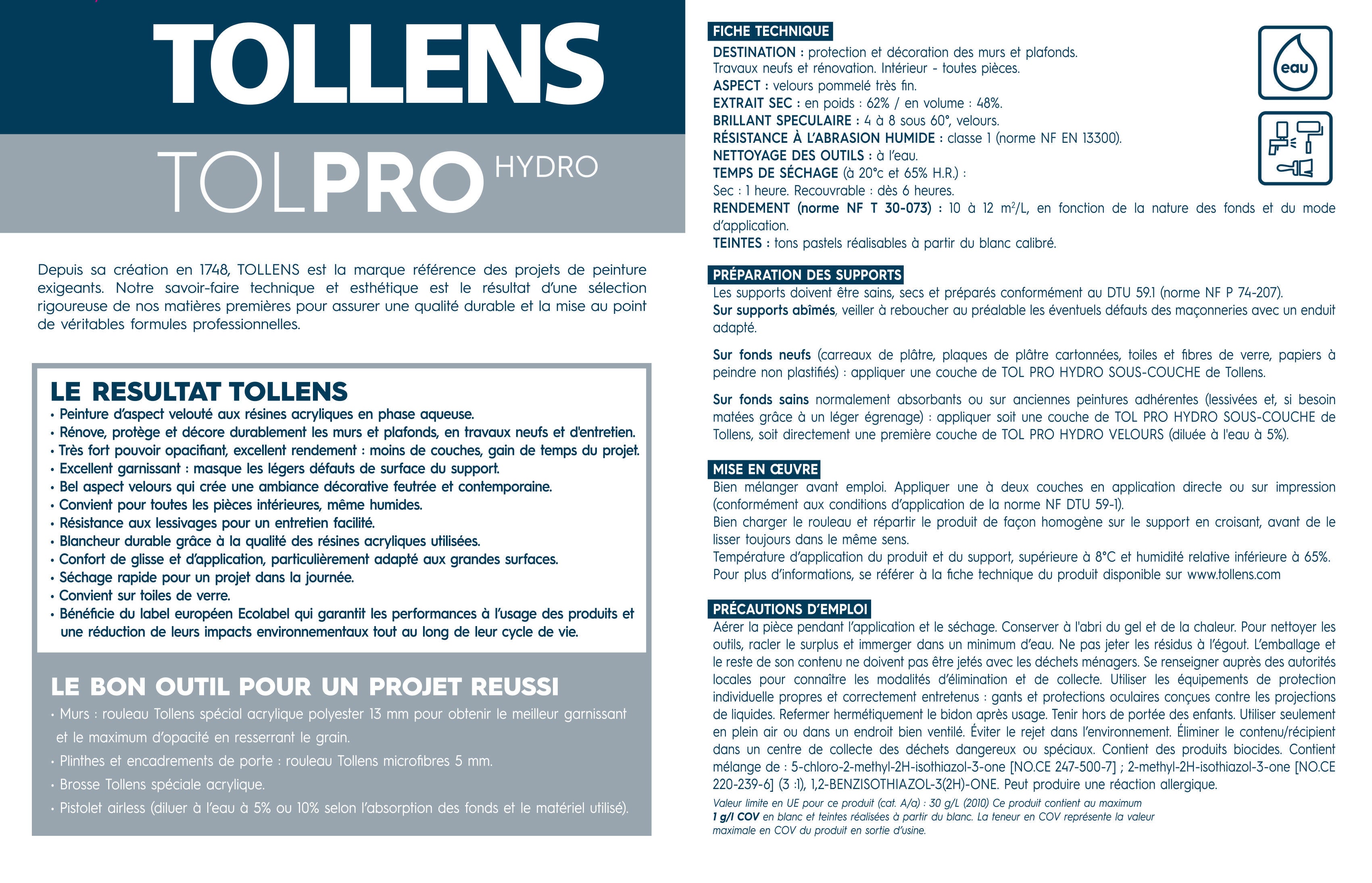 Peinture mur, plafond blanc velours TOLLENS Tolpro hydro 5L - 4