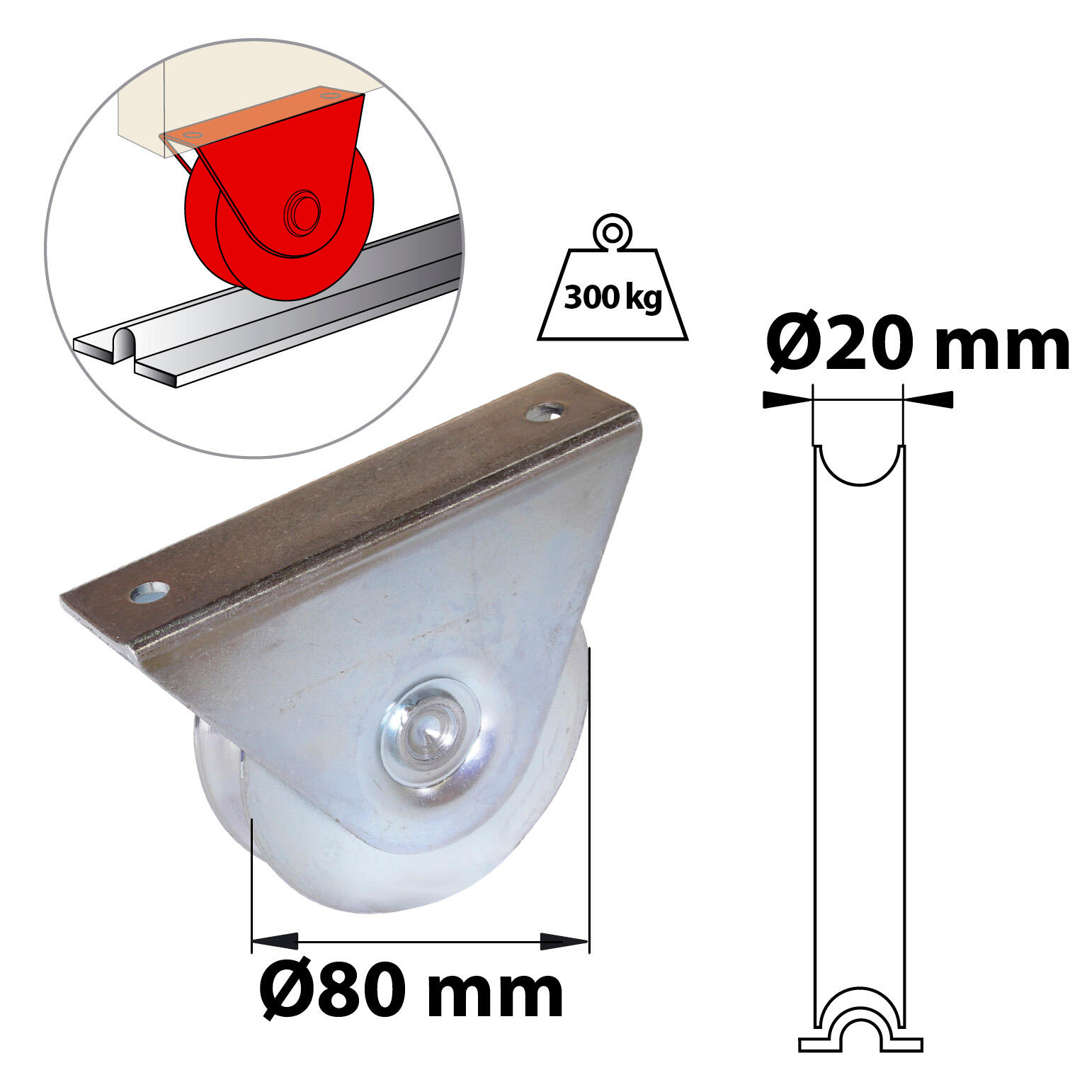 Roue portail coulissant Ø 80mm pour gorge U 20mm support extérieur - 300kg AFBAT - 2