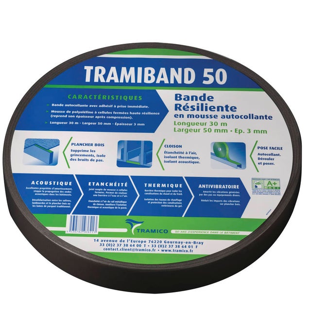 Bande résiliente en mousse Tramiband, autocollante, 50mm x 30m, Ep 3mm