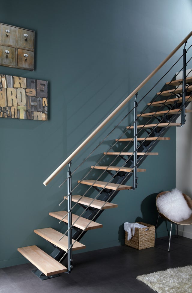 Escalier droit alu gris Mona 14 marches hêtre, l.85