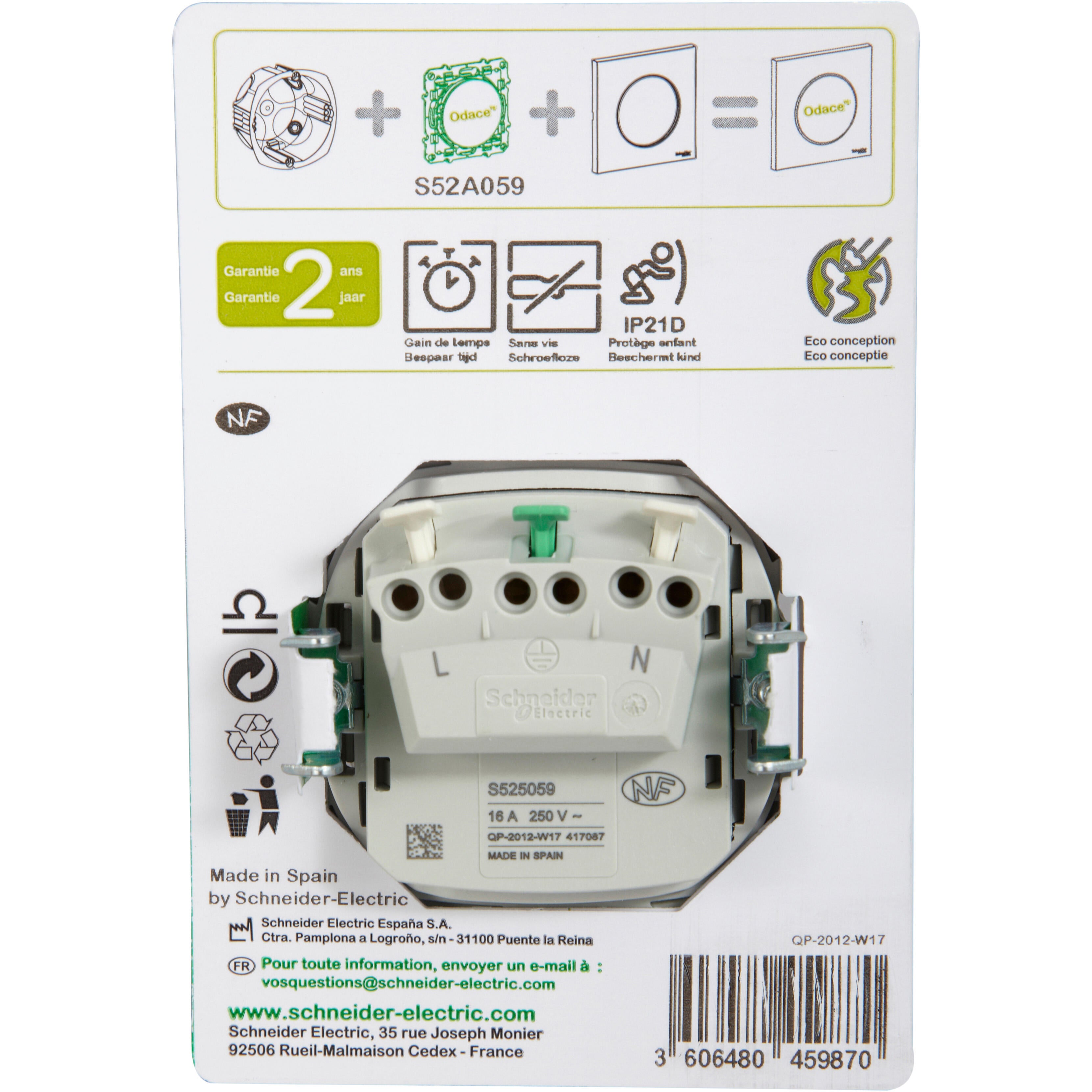 Prise avec terre à assembler Odace, SCHNEIDER ELECTRIC, blanc - 12