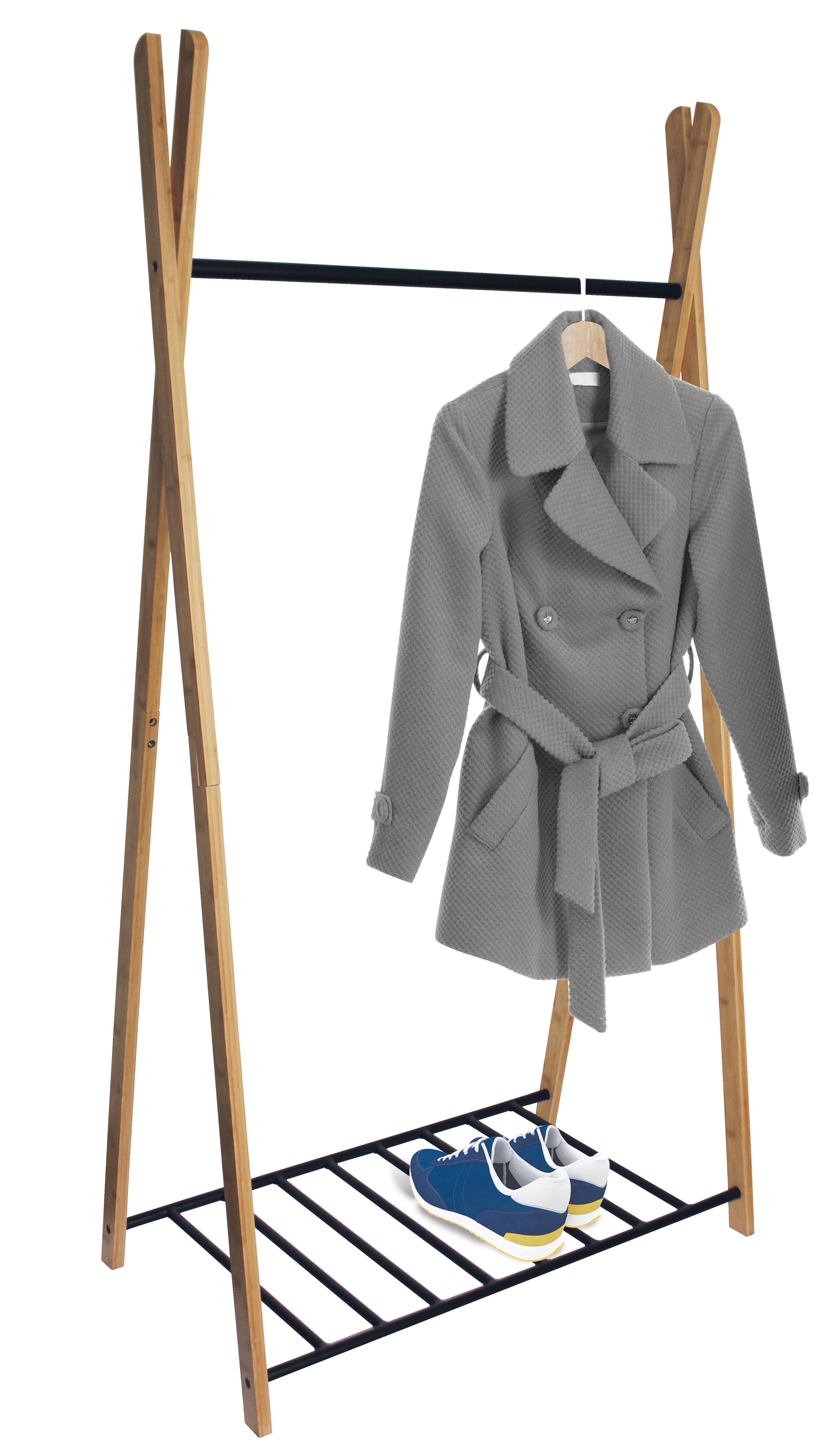 Portant à Vêtements CASEY Sur Roulettes - 72x31x153 Cm, Métal & Bois, Avec Étagères - Penderie Mobile Pour Entrée Ou Chambre