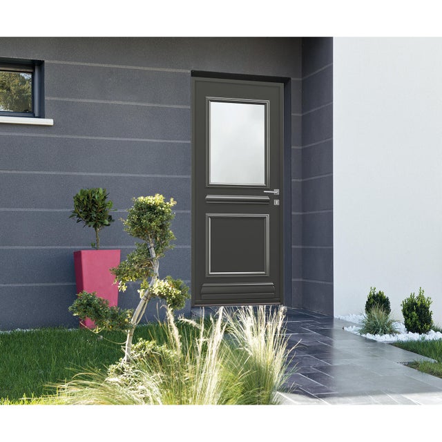 Porte d'entrée Alu Destra H.215 x l.90 cm vitrée gris anthracite, pous. gauche