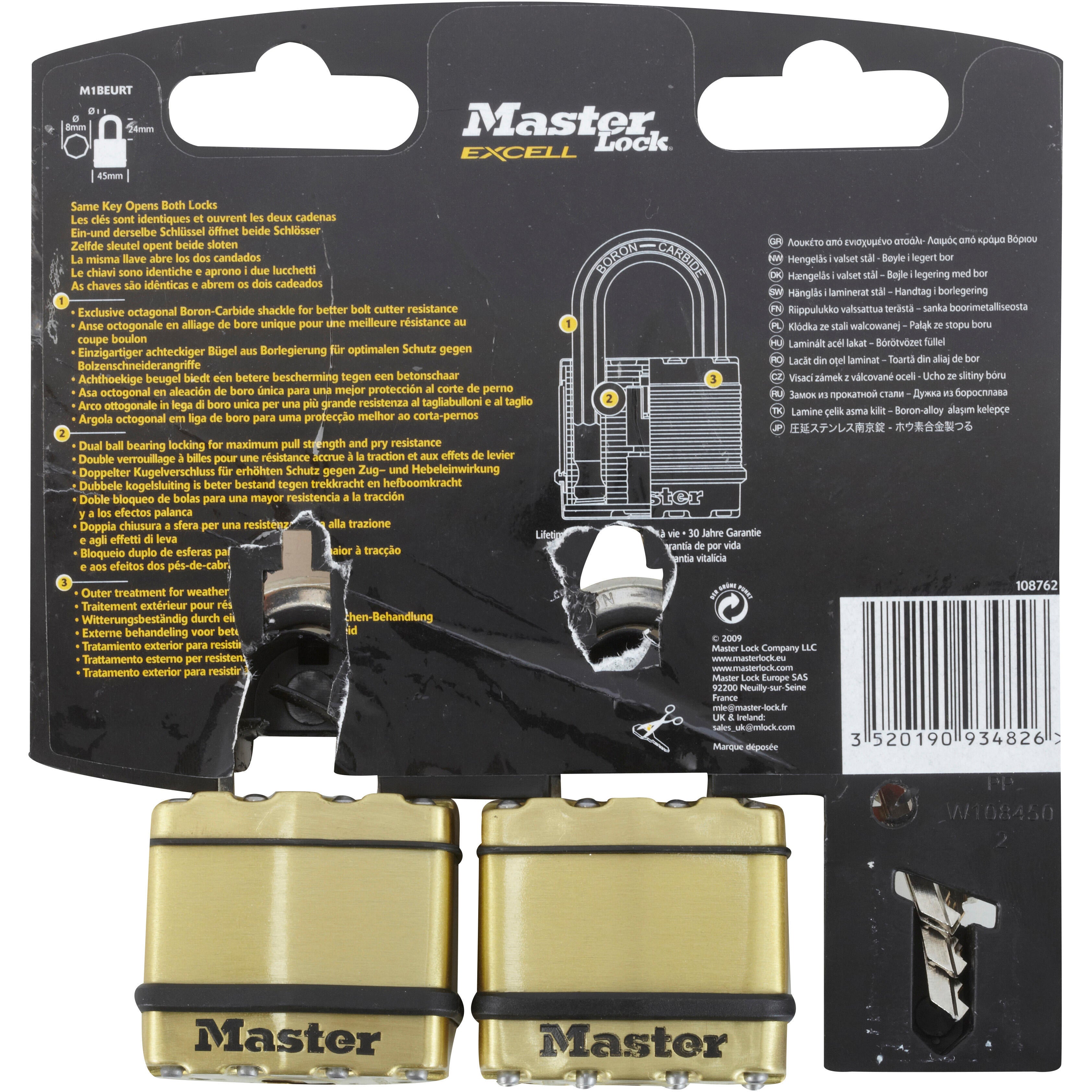 Lot de 2 cadenas avec clé MASTER LOCK acier laminé, l.45 mm - 8