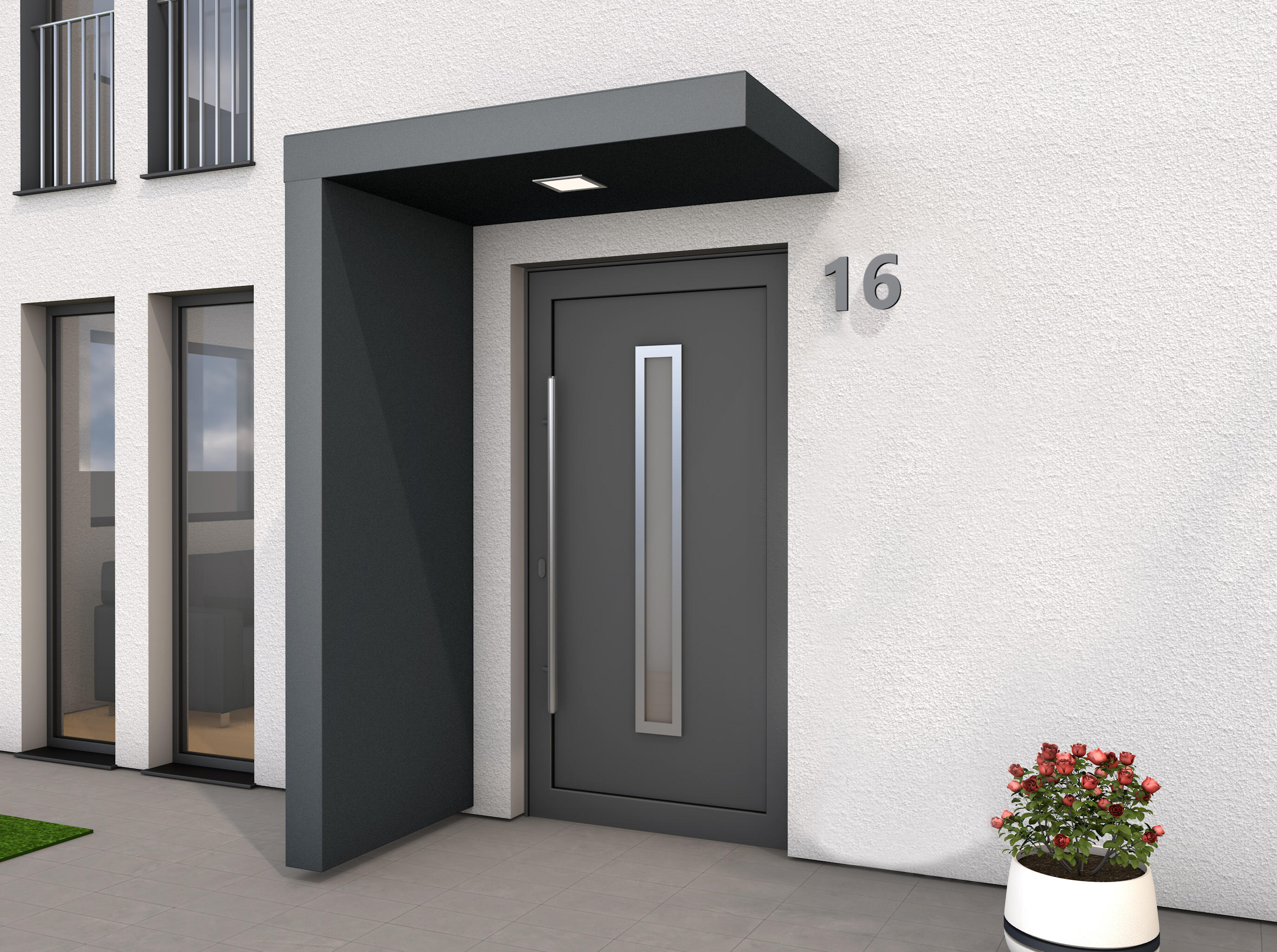 Auvent porte d'entrée + paroi alu anthracite Lyon LED, l.160xH.14.5xP