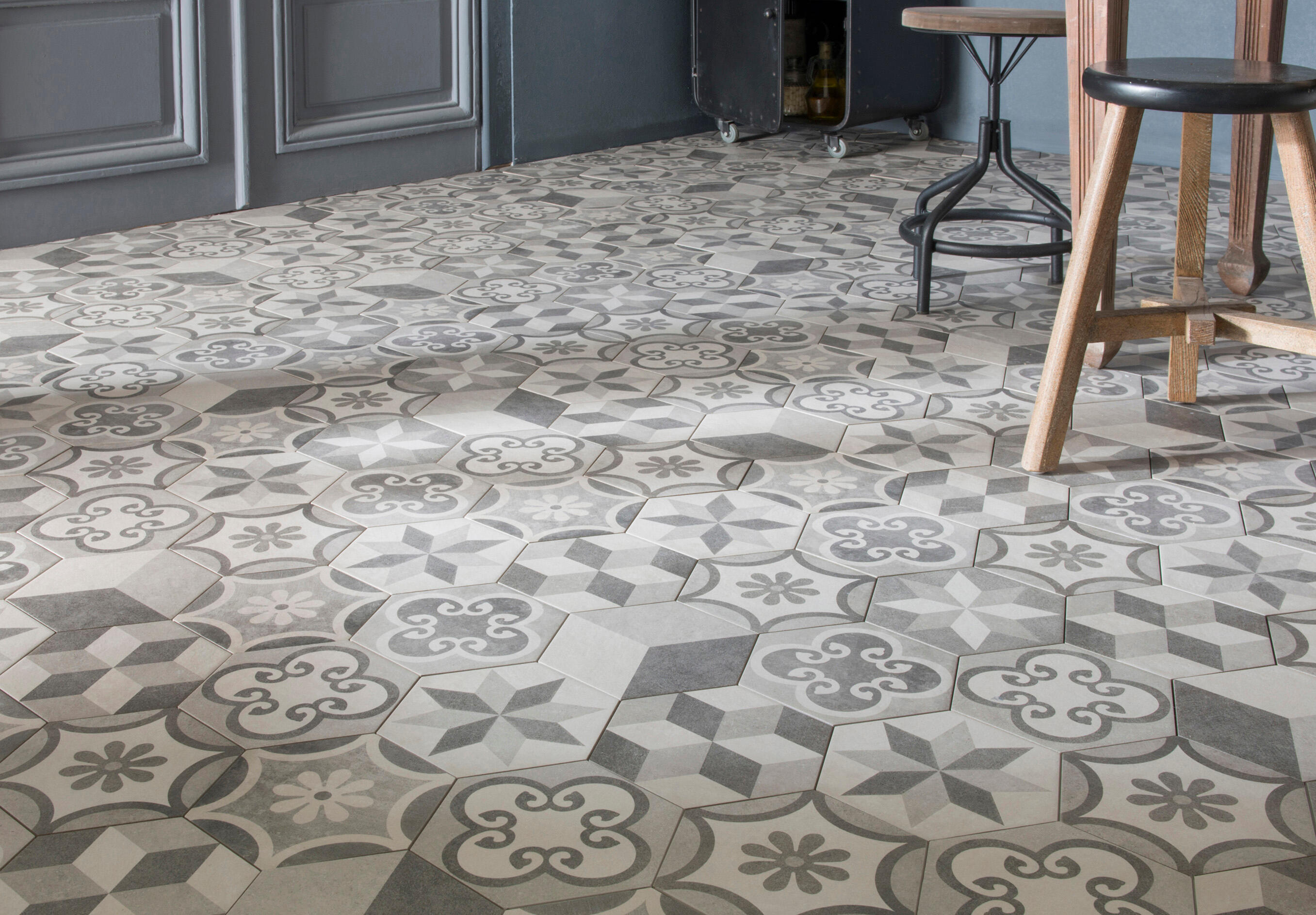 Carrelage sol / mur effet ciment gris blanc Time hexagone l.18.2 x L.21 cm - 2