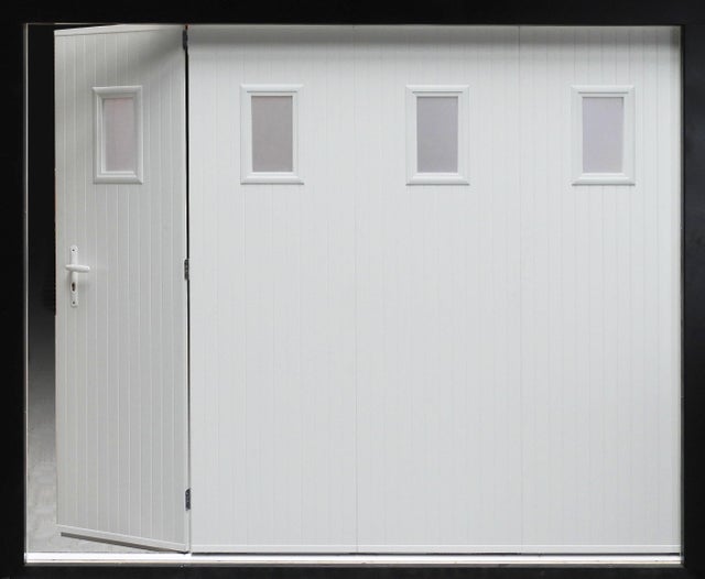 Porte garage coulissante PVC blanc Essentiel/hublots H.200xl.240cm port.gauche