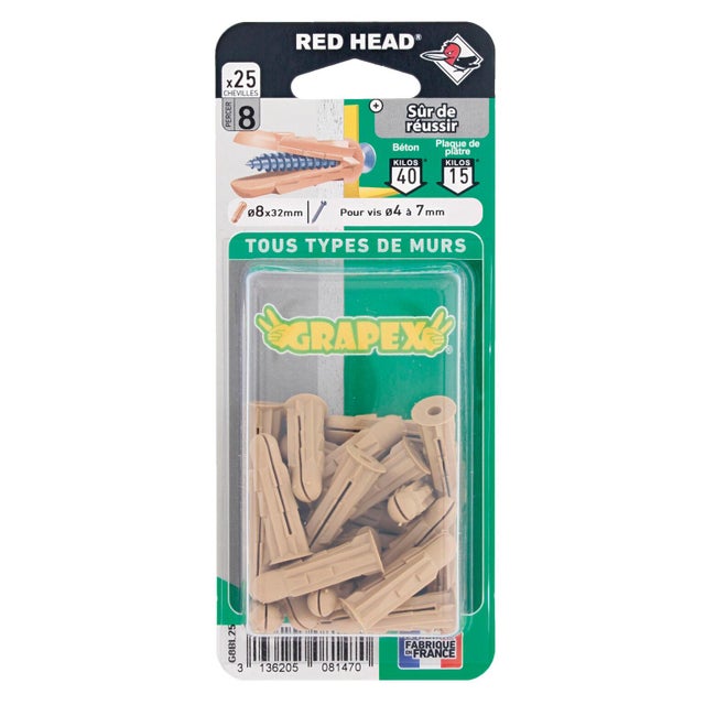 Lot de 25 Cheville murale grapex G8BL25 RED HEAD, Ø8 x L.32 mm
