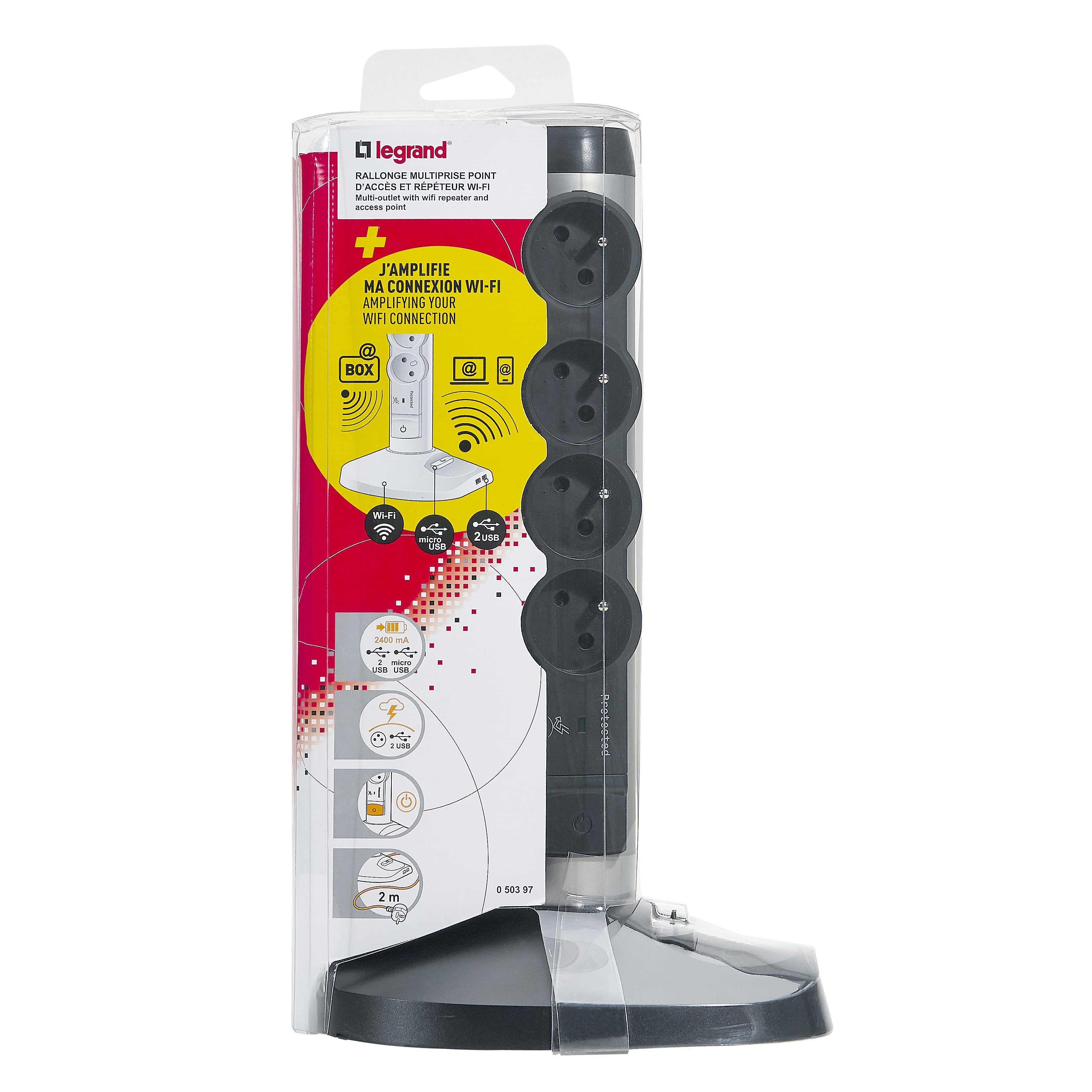 Tour multiprise USB filaire avec prise rotative ou wifi, 4 prises aluminium LEGR - 3