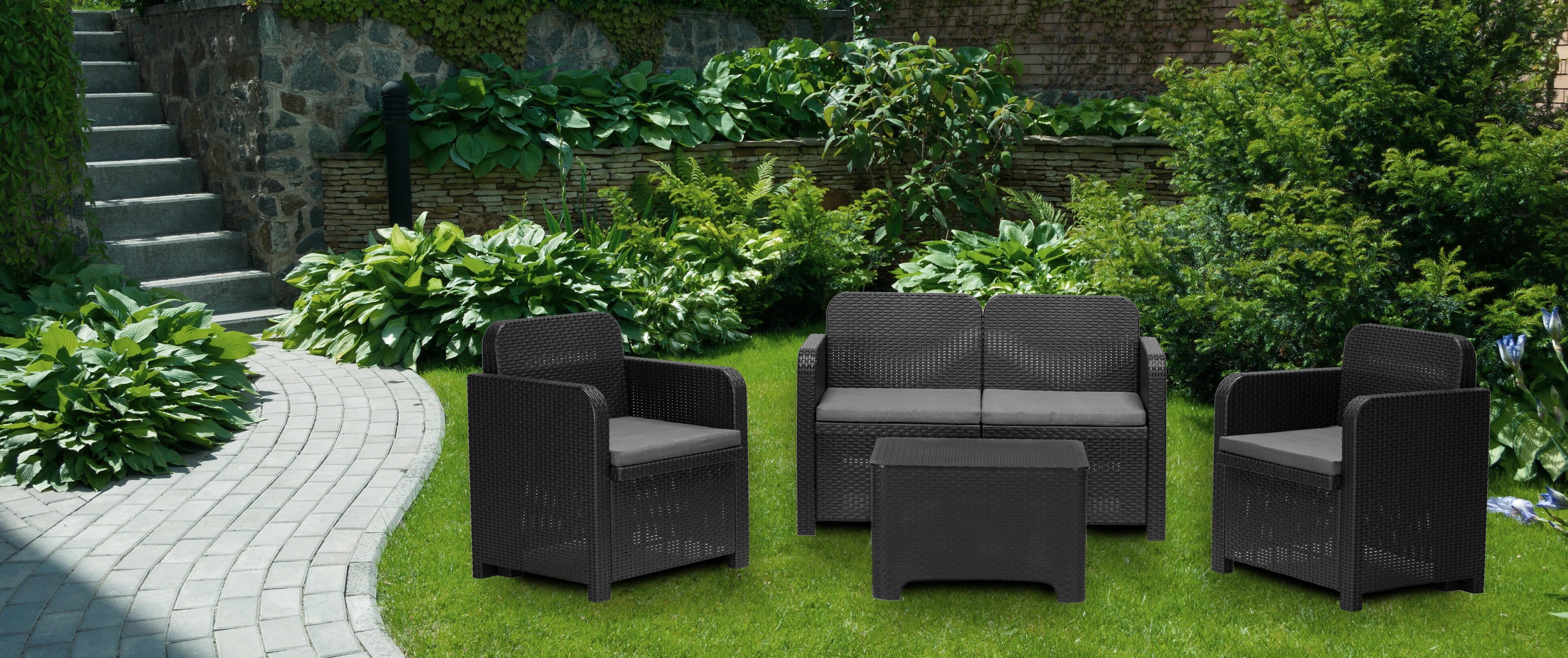 Salon bas de jardin, plastique recyclé, SORRENTO Anthracite, 4 personnes - 4