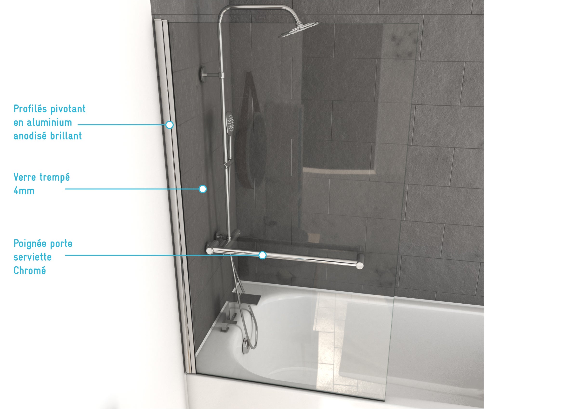 Pare-baignoire 1 volet battant transparent aluminium brillant H.150 x l.85cm Pri - 2