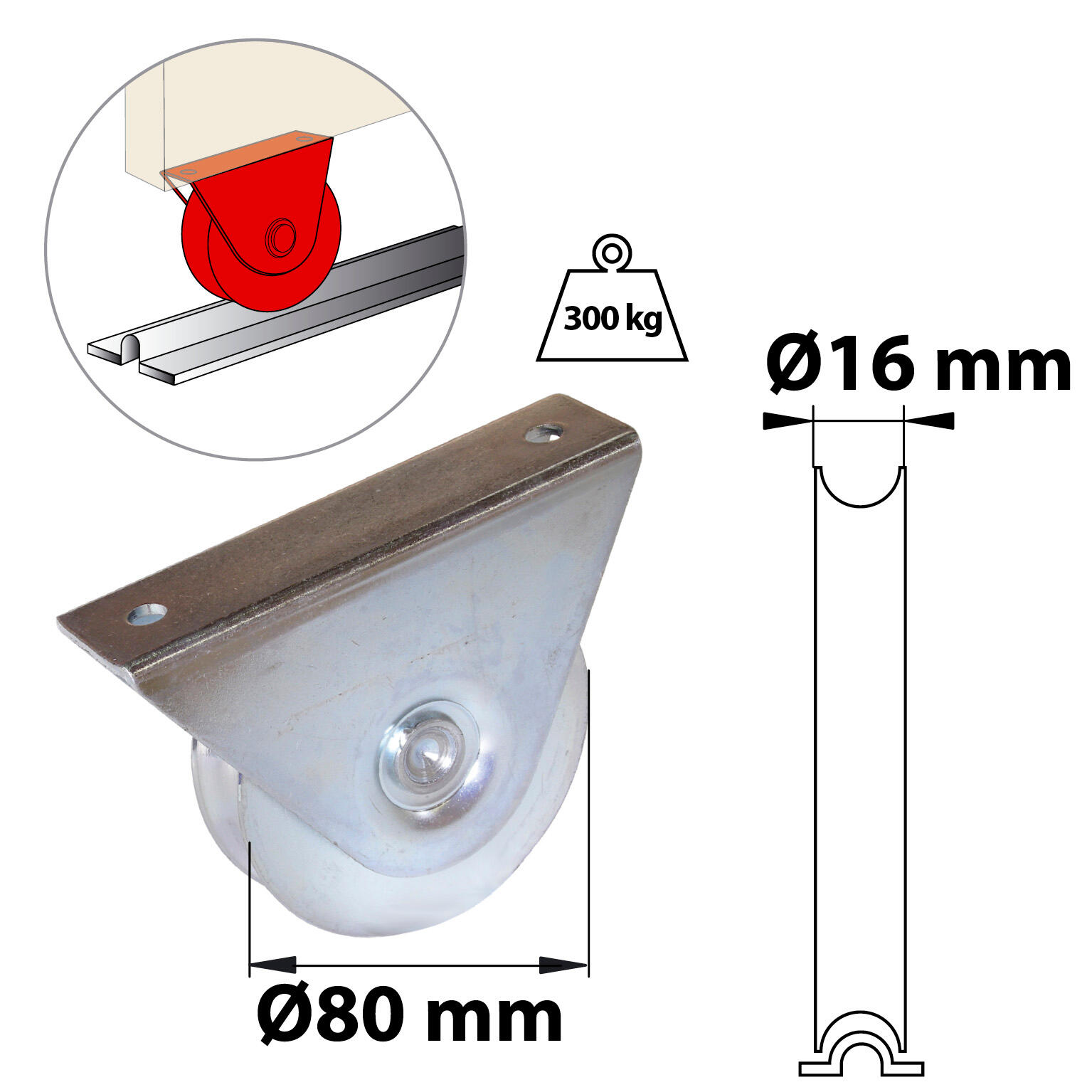 Roue portail coulissant Ø80mm pour gorge U 16mm support extérieur - 300kg AFBAT - 2