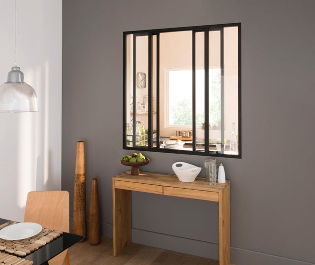 Verrière coulissante en aluminium noir sablé 4 carreaux, H.130 x l.123.2 cm