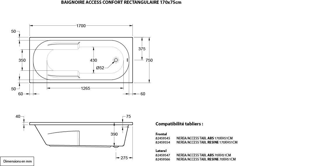 Baignoire rectangulaire L.170x l.75 cm blanc, SENSEA Access confort - 6