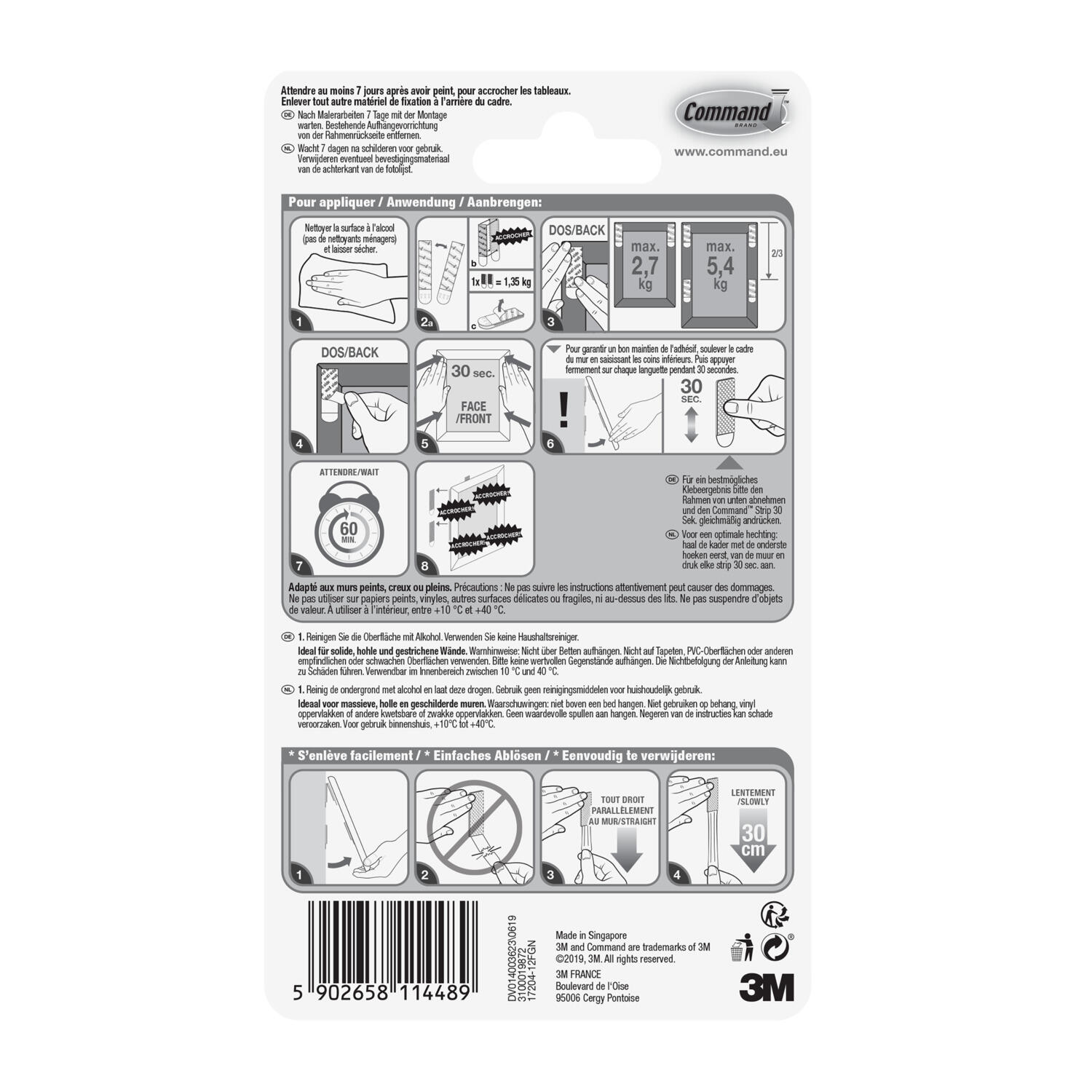 12 paires de languettes adhésives blanc de fixation de tableaux 5kg max COMMAND - 10
