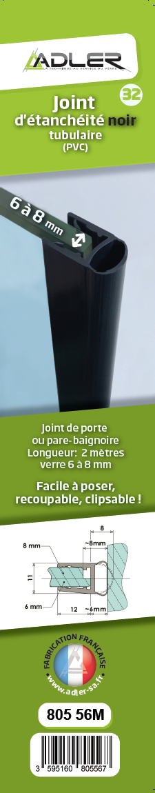 Joint d'étanchéité tubulaire L.200 cm, noir pour verre Ep. 6 à 8 mm