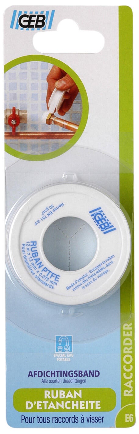 Ruban téflon ep.0.075 x l.12 mm x l.12 m GEB