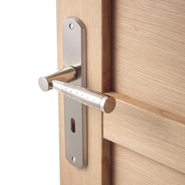 Poignée de porte sur plaque aspect nickel entraxe 195 mm Clé en L MERY x2