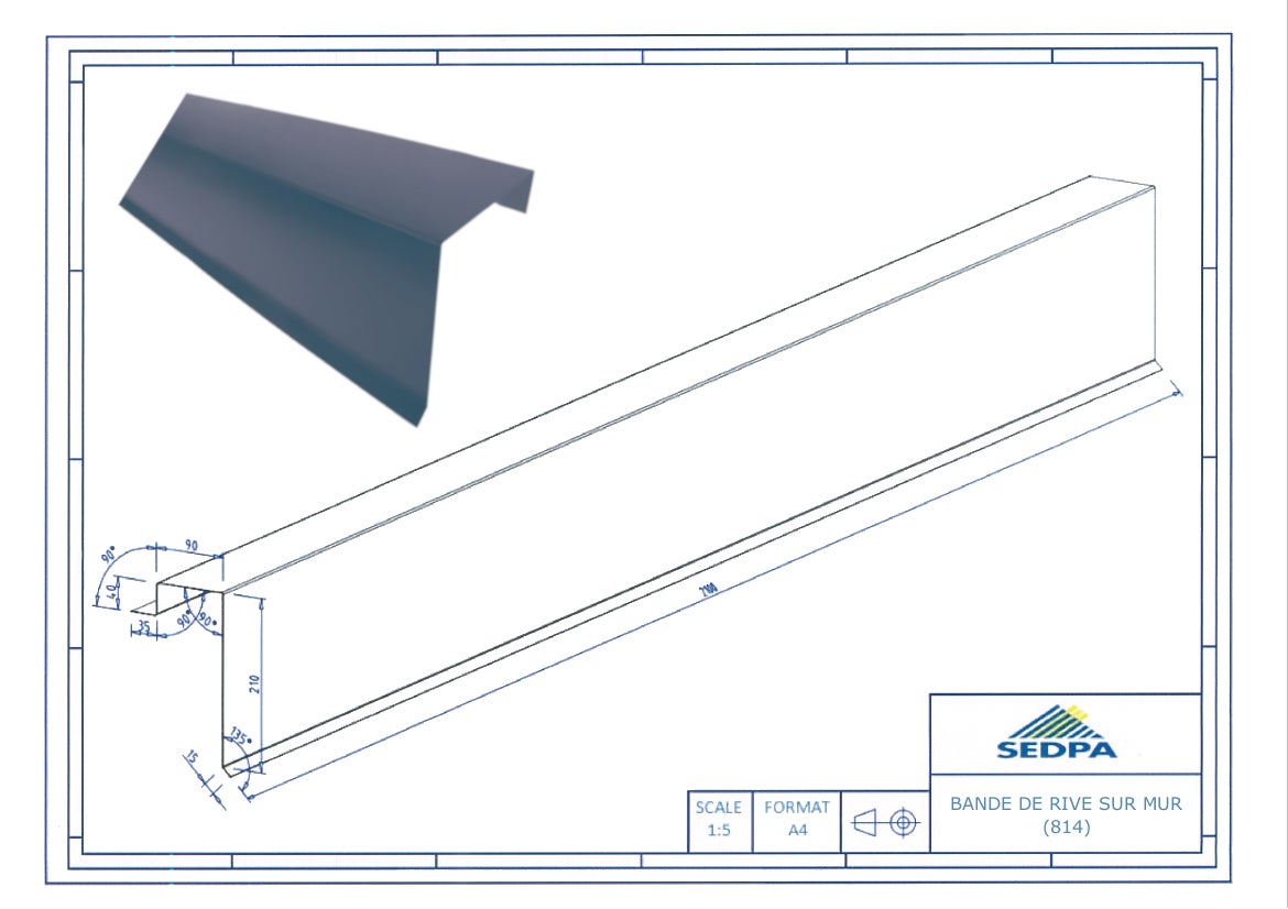 Rive sur mur pour plaque nervurée 63/100 bleu ardoise ral 5008, L.2.1 m - 2