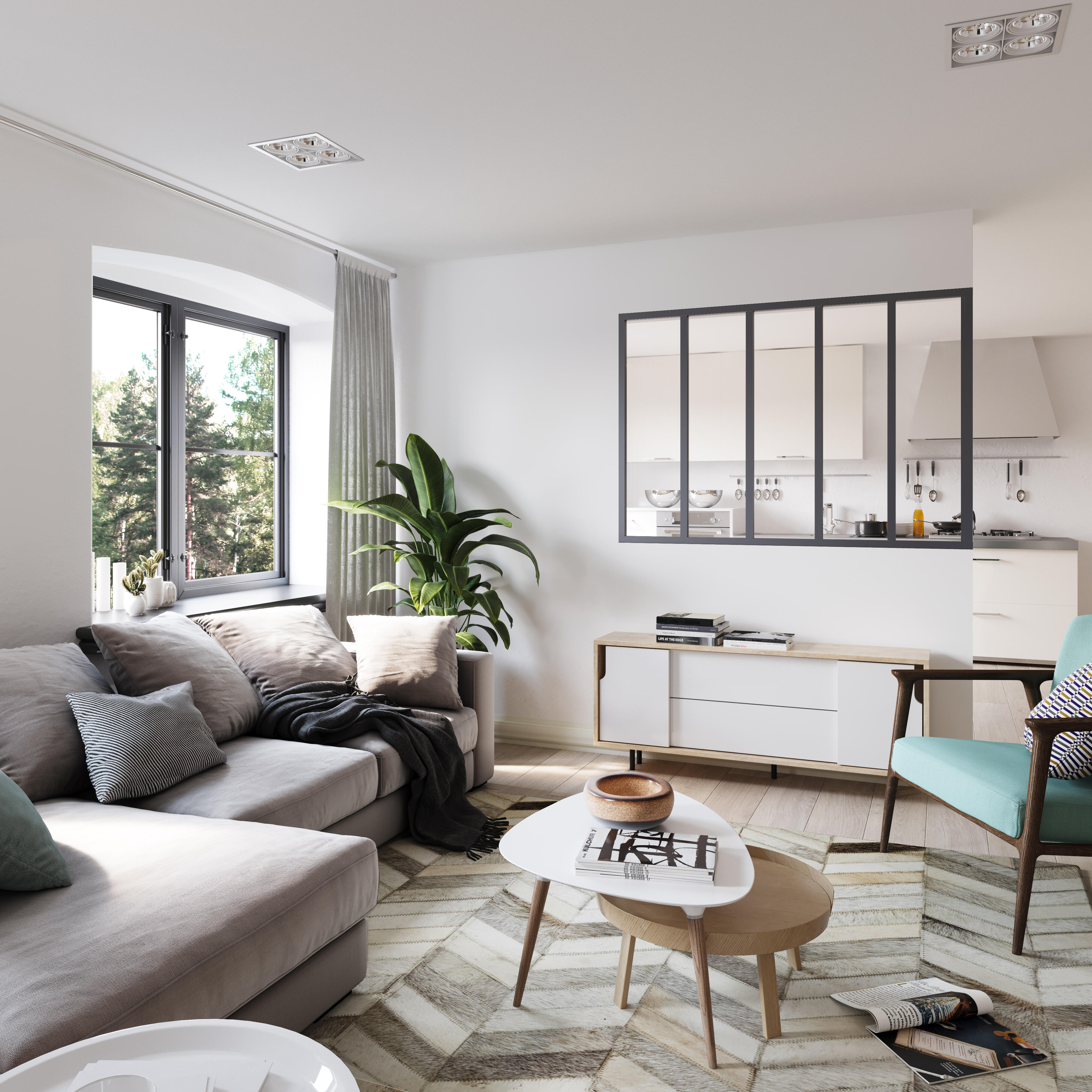 Verrière Atelier fixe en aluminium gris mat carreaux, x l