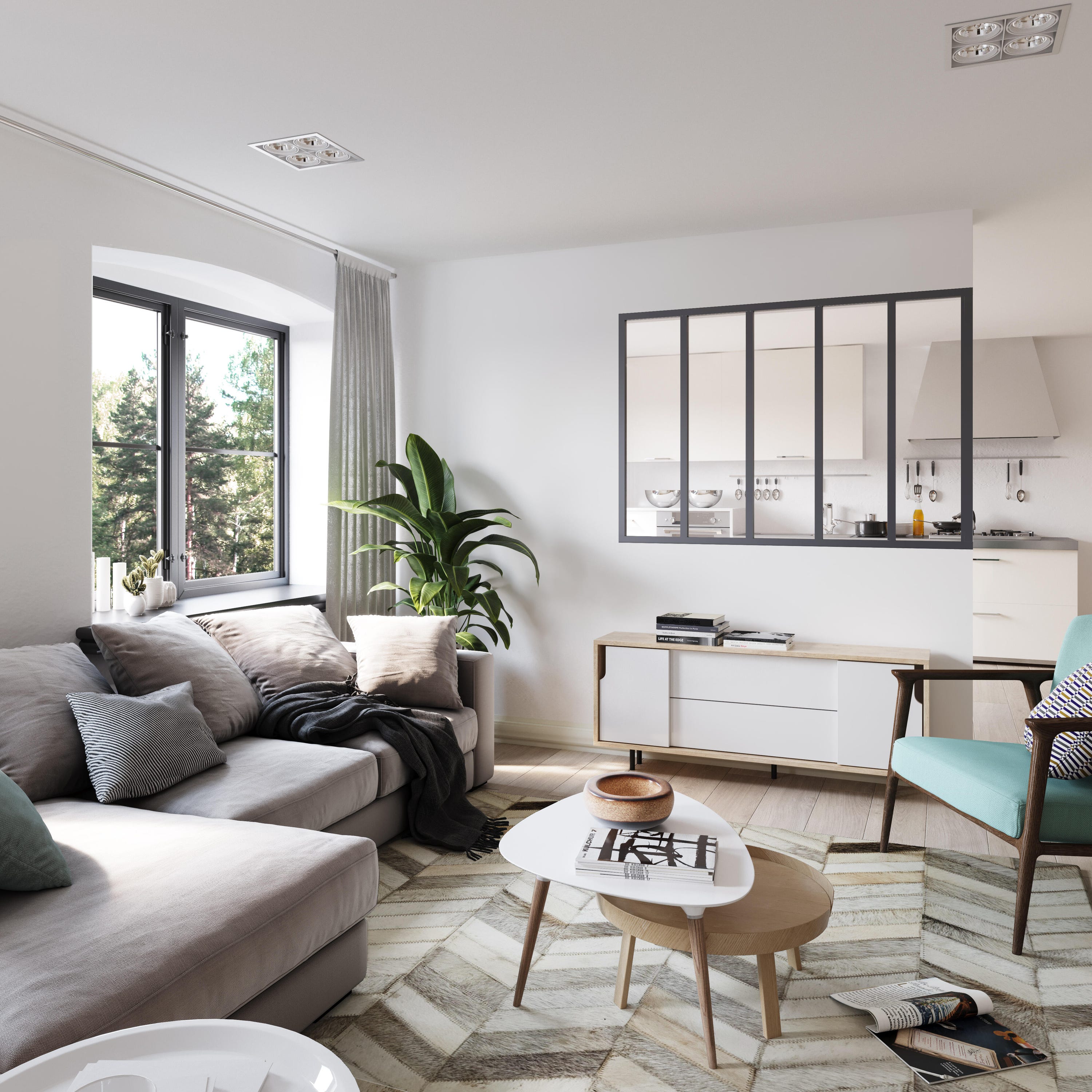 Verrière Atelier fixe en aluminium gris mat carreaux, x l