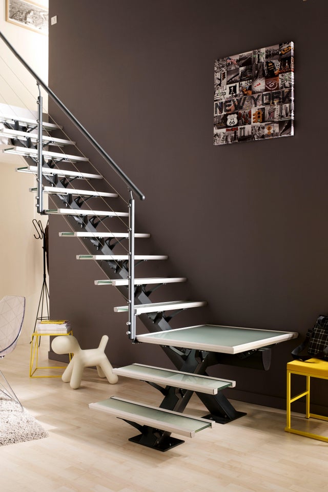 Escalier 1/4 tournant bas réversible alu gris Mona 14 marches verre, l.85 cm