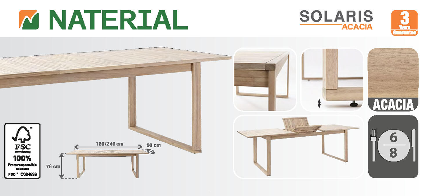 Tavolo allungabile da esterno rettangolare in acacia naturale 8 posti L da 180 a 240x90cm, Solaris NATERIAL - 32